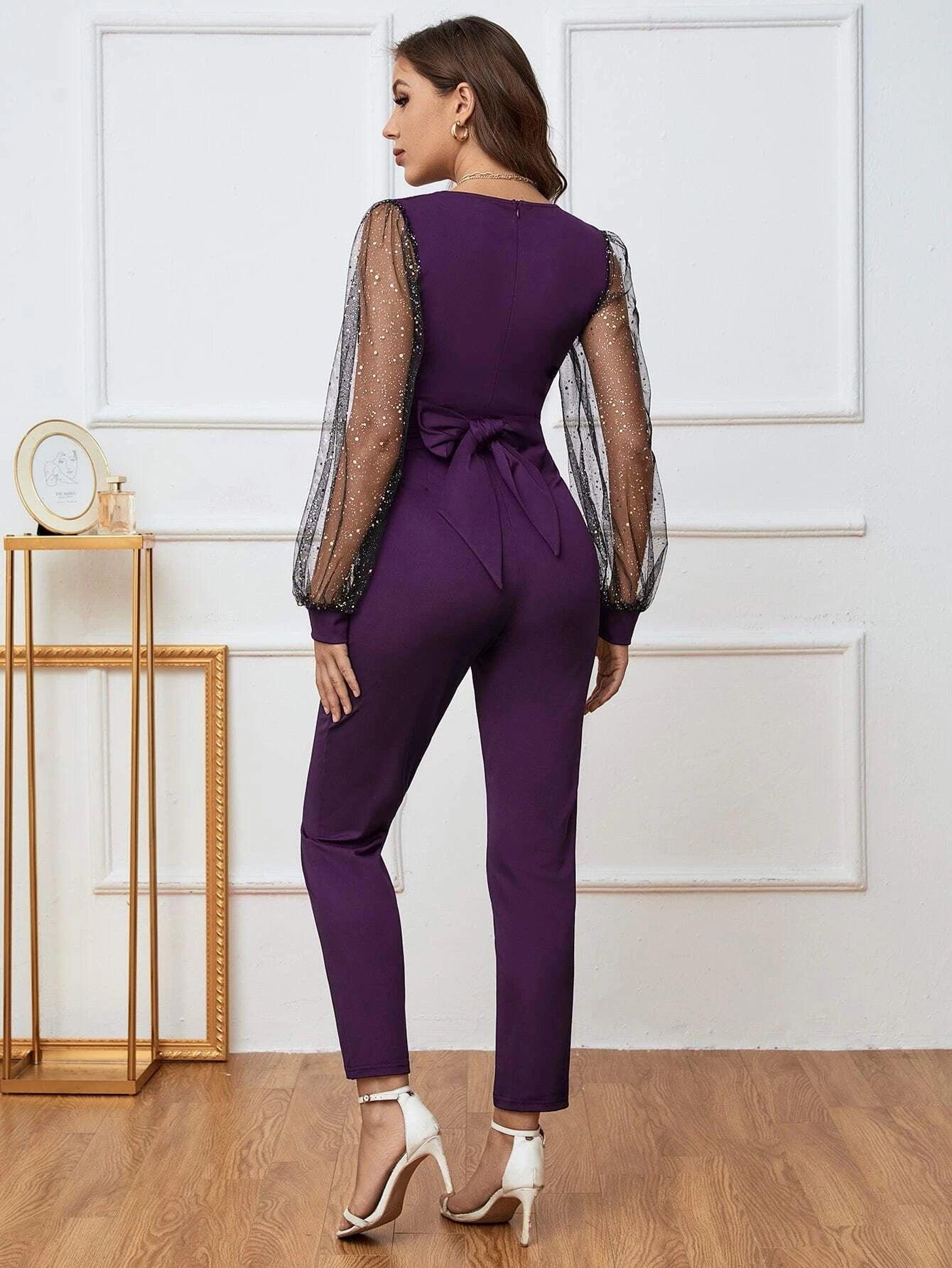 Mesh Lantern Sleeve Jumpsuit-Comfy Jumpsuits