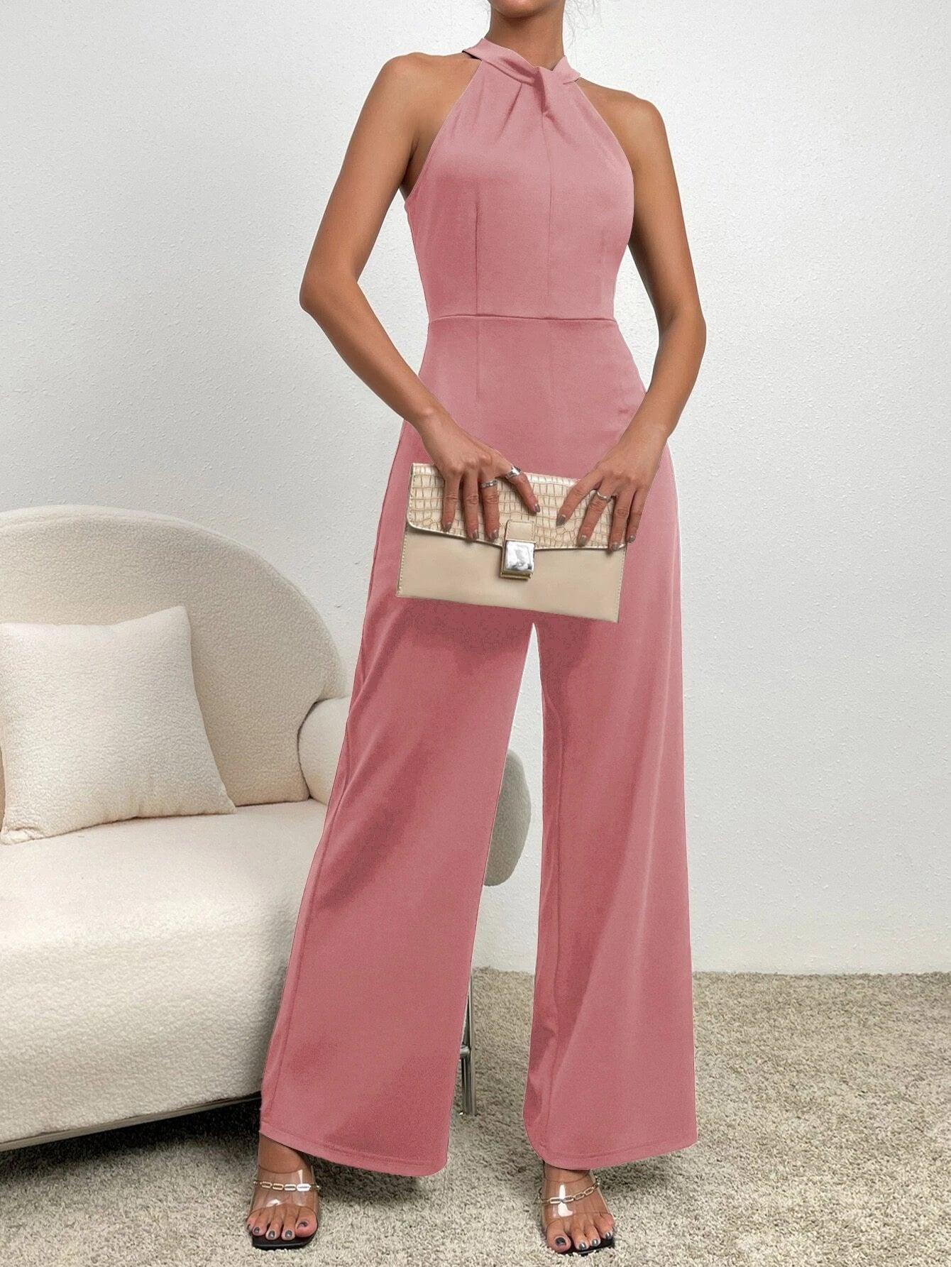 Back Halter Neck Wide Leg Jumpsuit-Comfy Jumpsuits