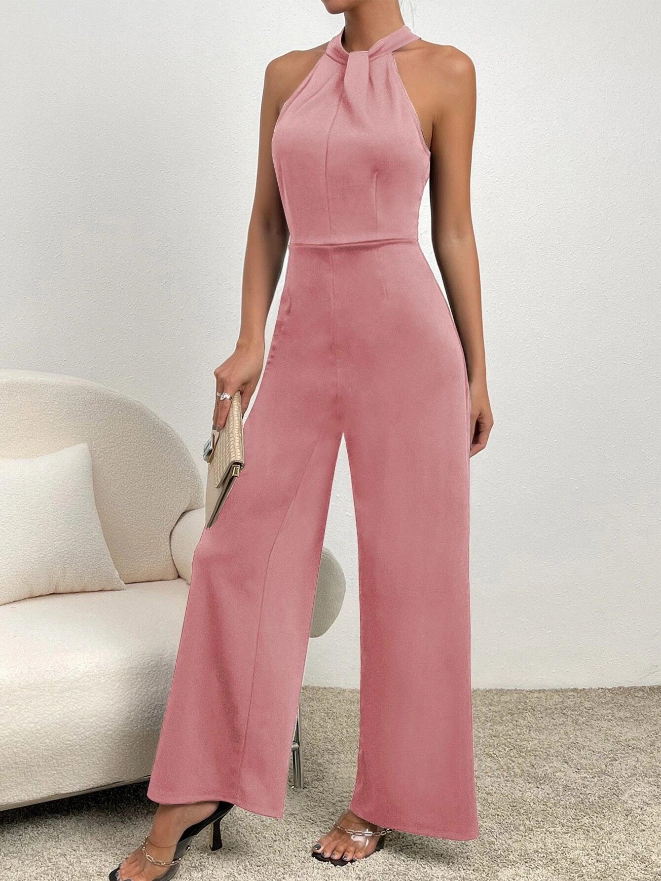 Back Halter Neck Wide Leg Jumpsuit-Comfy Jumpsuits