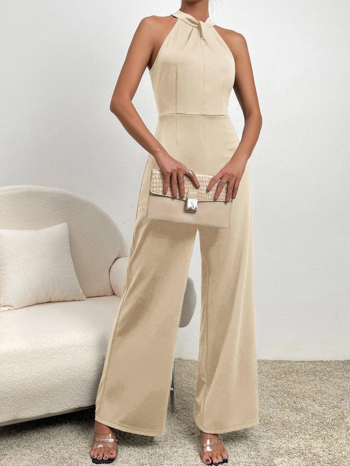 Back Halter Neck Wide Leg Jumpsuit-Comfy Jumpsuits