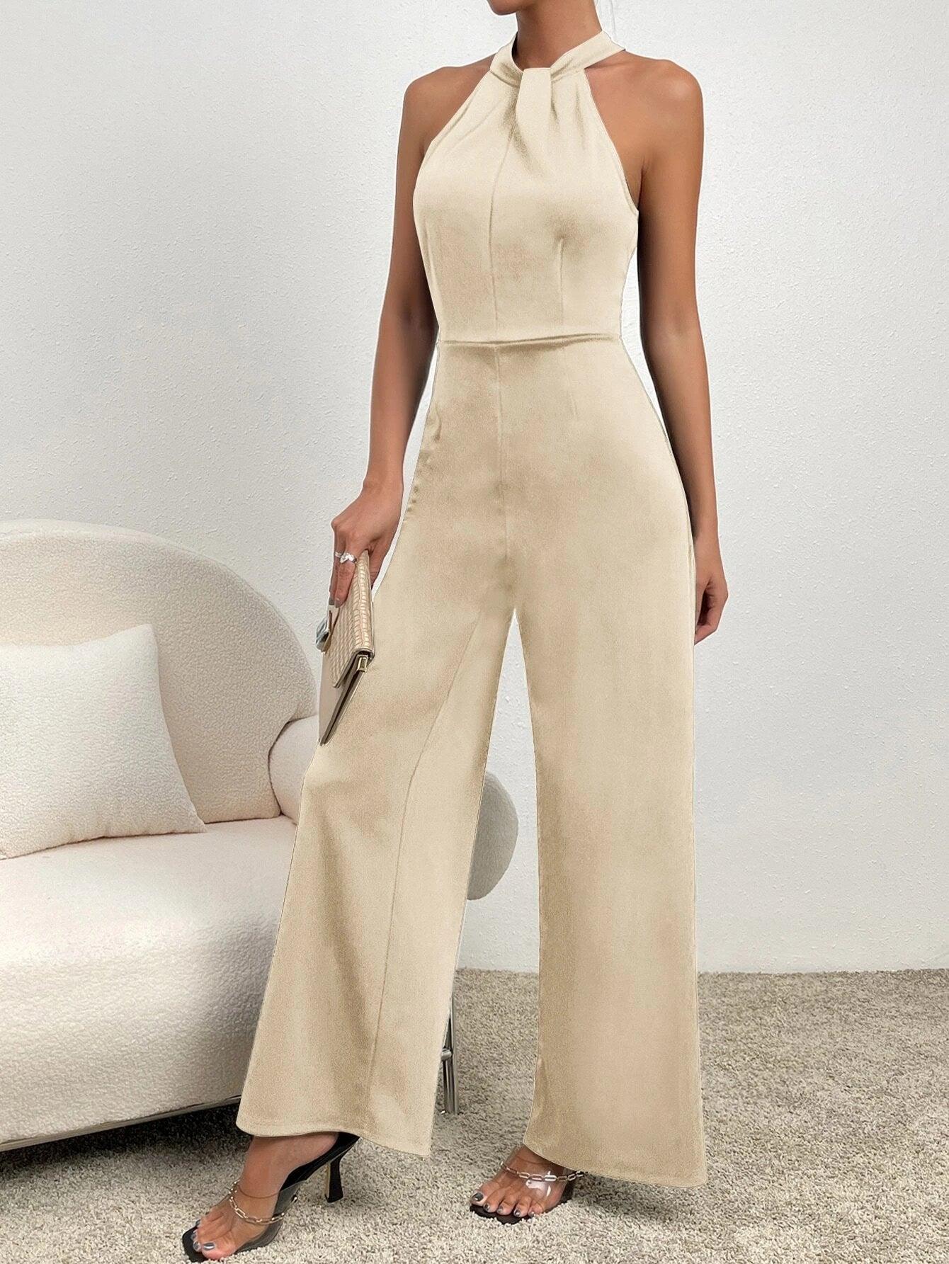 Back Halter Neck Wide Leg Jumpsuit-Comfy Jumpsuits