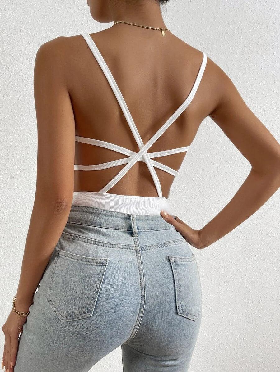 Crisscross Backless Cami Bodysuit-Comfy Jumpsuits