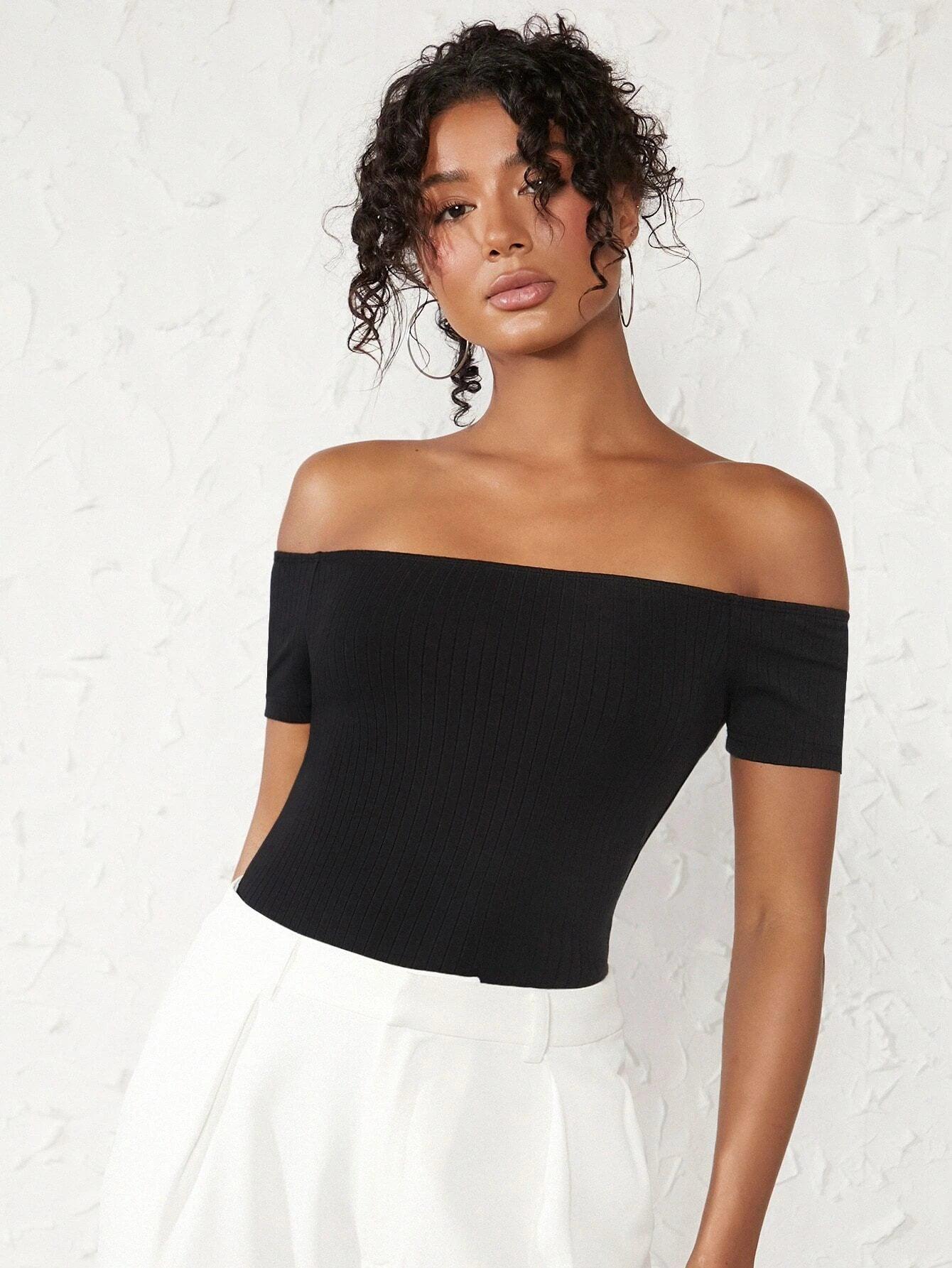 Cotton Off Shoulder Rib-knit Bodysuit-Comfy Jumpsuits