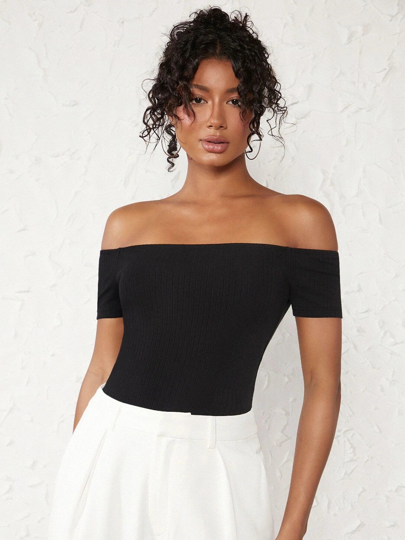 Cotton Off Shoulder Rib-knit Bodysuit-Comfy Jumpsuits