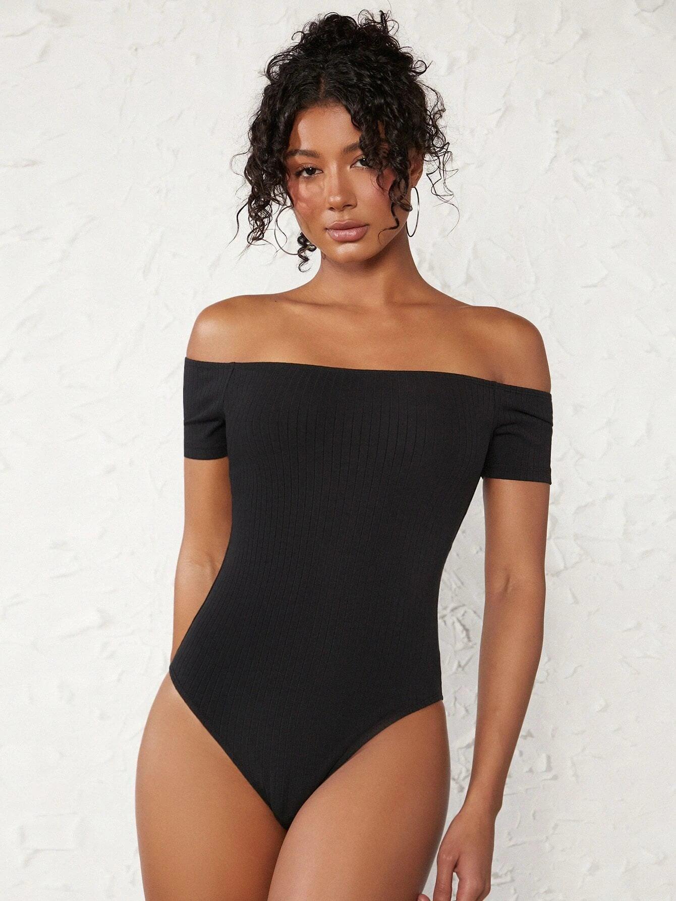 Cotton Off Shoulder Rib-knit Bodysuit-Comfy Jumpsuits