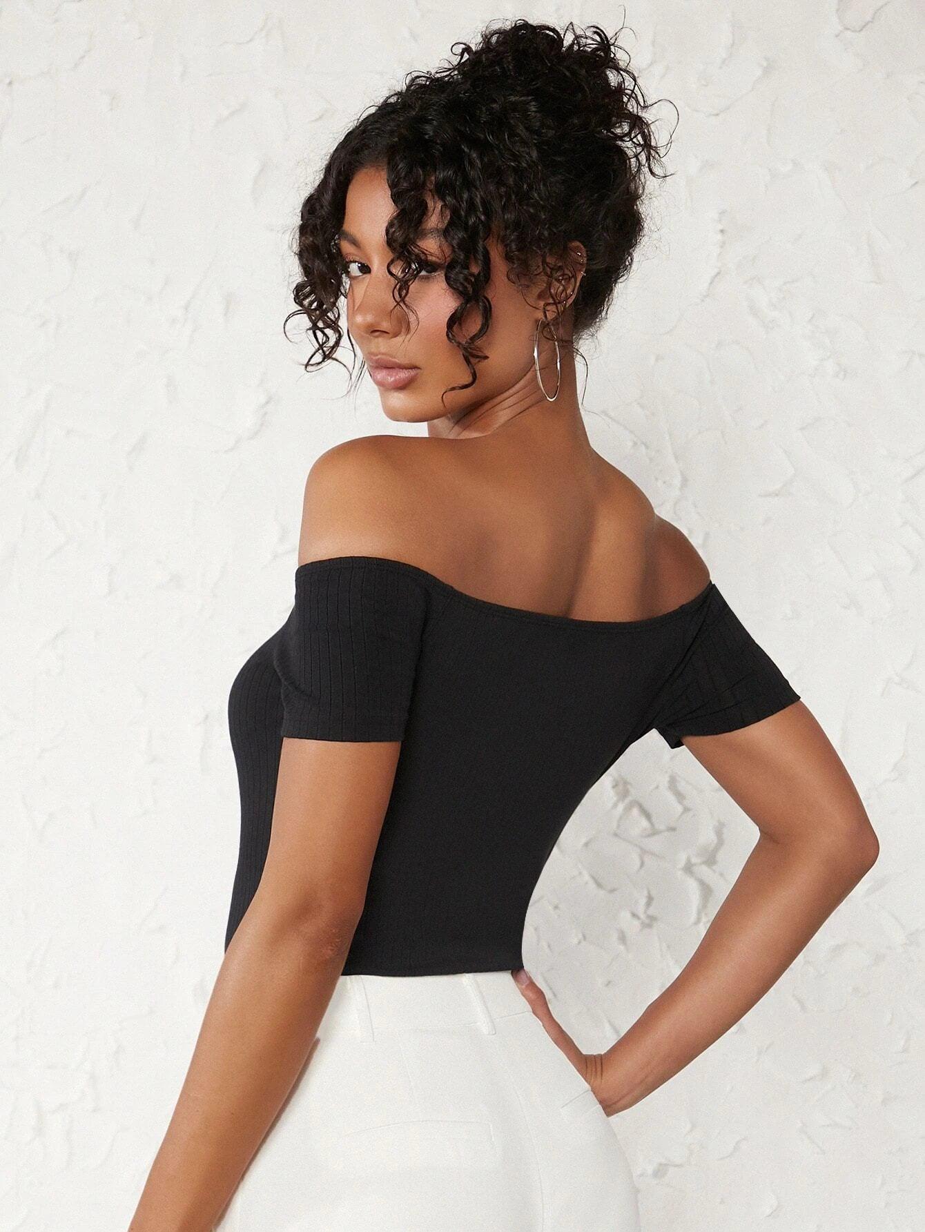 Cotton Off Shoulder Rib-knit Bodysuit-Comfy Jumpsuits