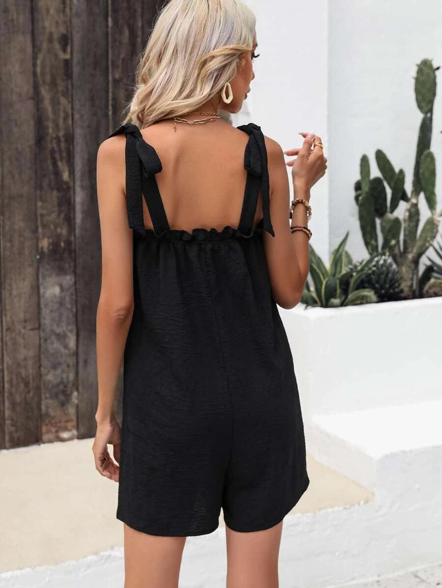 Knot Shoulder Pocket Patched Cami Romper-Comfy Jumpsuits