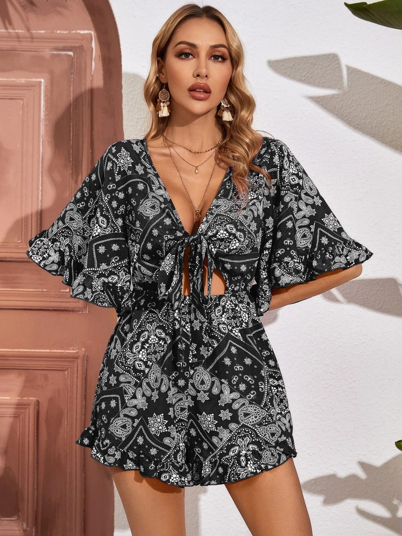 Paisley Print Flounce Sleeve Romper-Comfy Jumpsuits