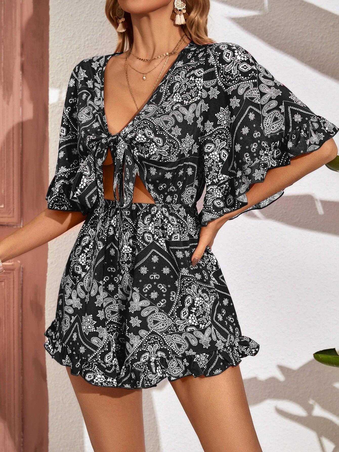 Paisley Print Flounce Sleeve Romper-Comfy Jumpsuits