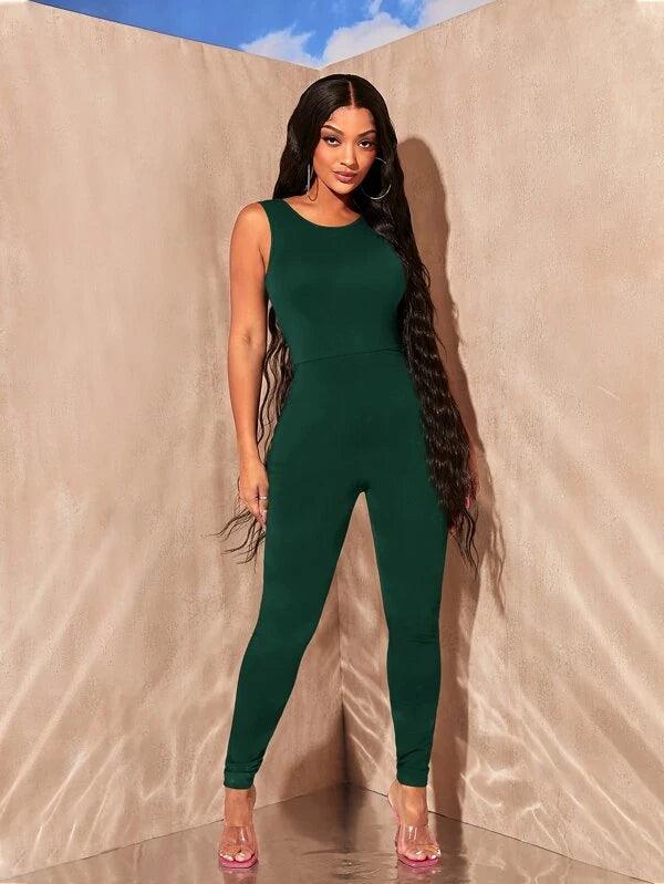 Solid Backless Round Neck Unitard Jumpsuit-Comfy Jumpsuits