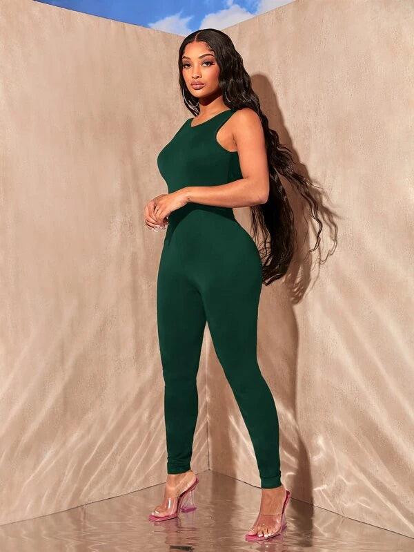 Solid Backless Round Neck Unitard Jumpsuit-Comfy Jumpsuits