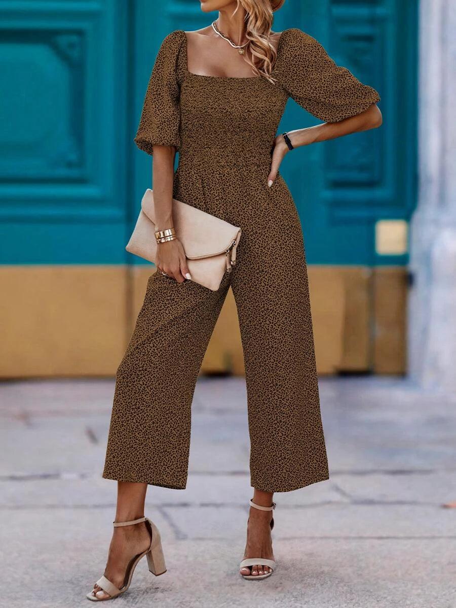 Allover Print Square Neck Lantern Sleeve Wide Leg Jumpsuit-Comfy Jumpsuits