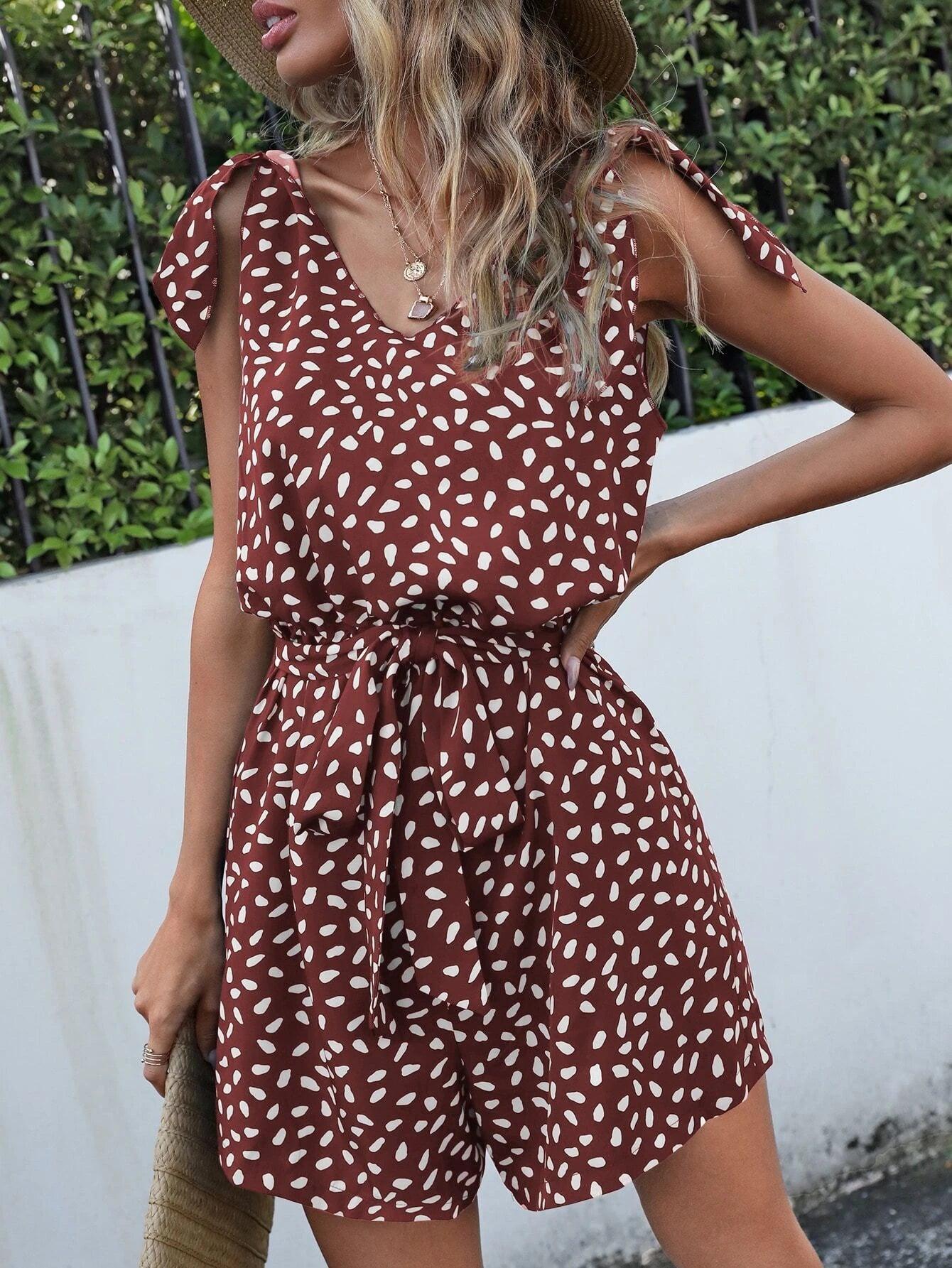 Dalmatian Print Tie Shoulder Romper-Comfy Jumpsuits