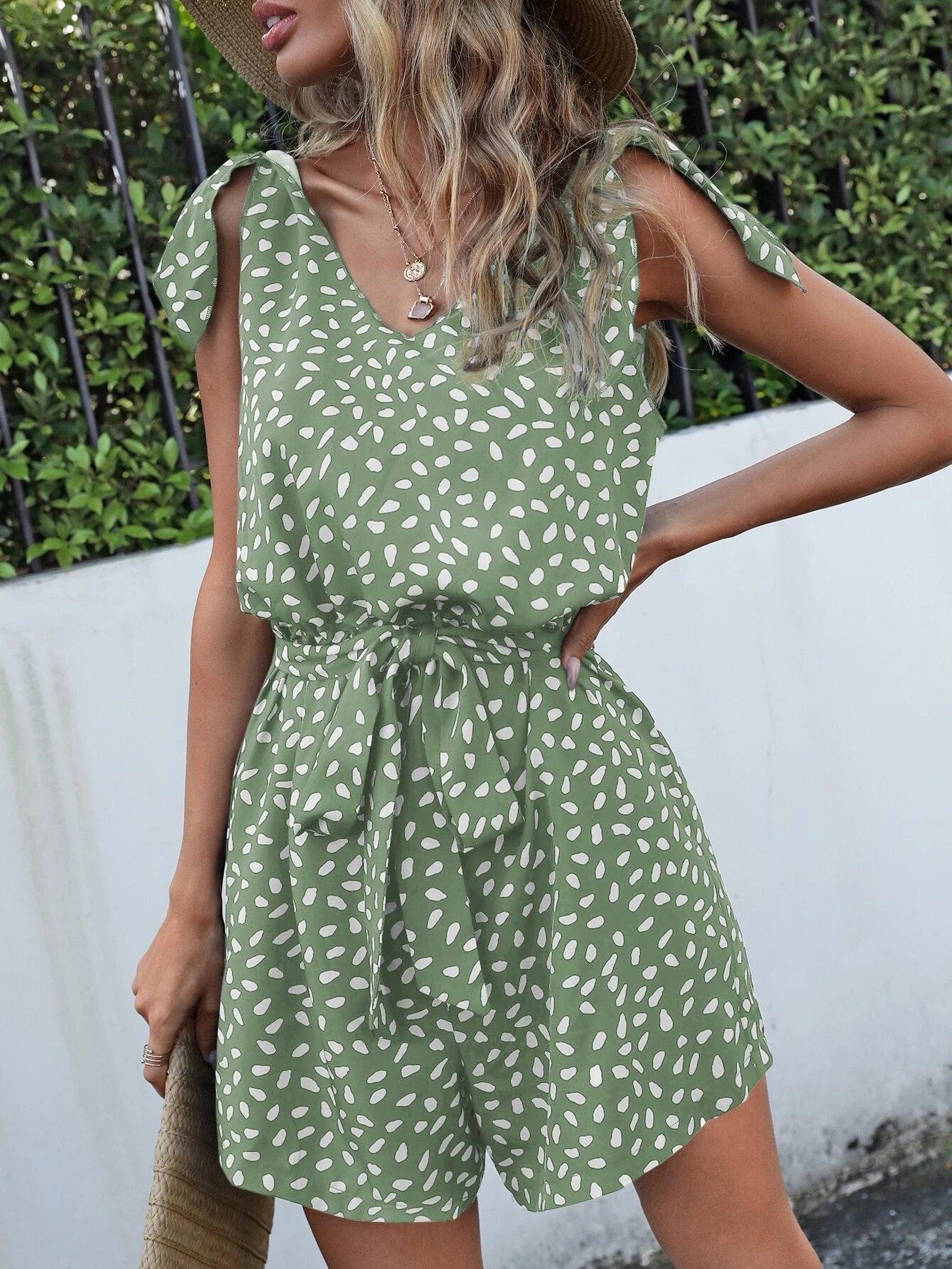 Dalmatian Print Tie Shoulder Romper-Comfy Jumpsuits