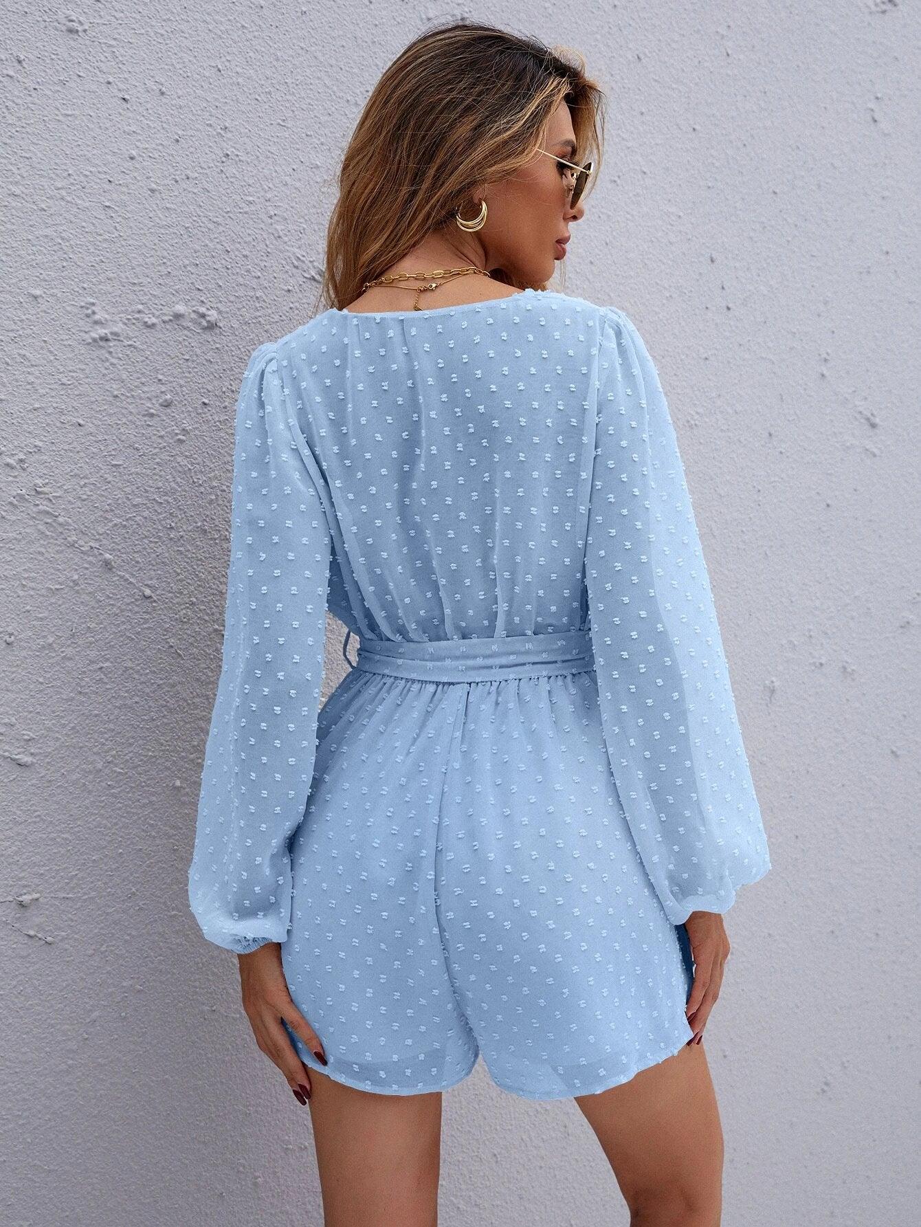 Swiss Dotted Romper With Belt-Comfy Jumpsuits