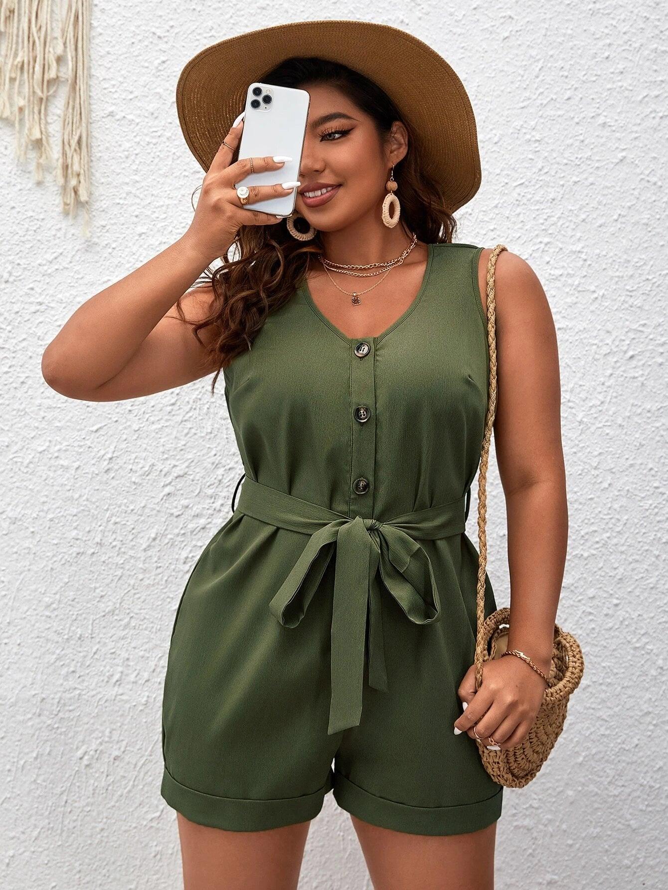 Front Button Belted Romper-Comfy Jumpsuits