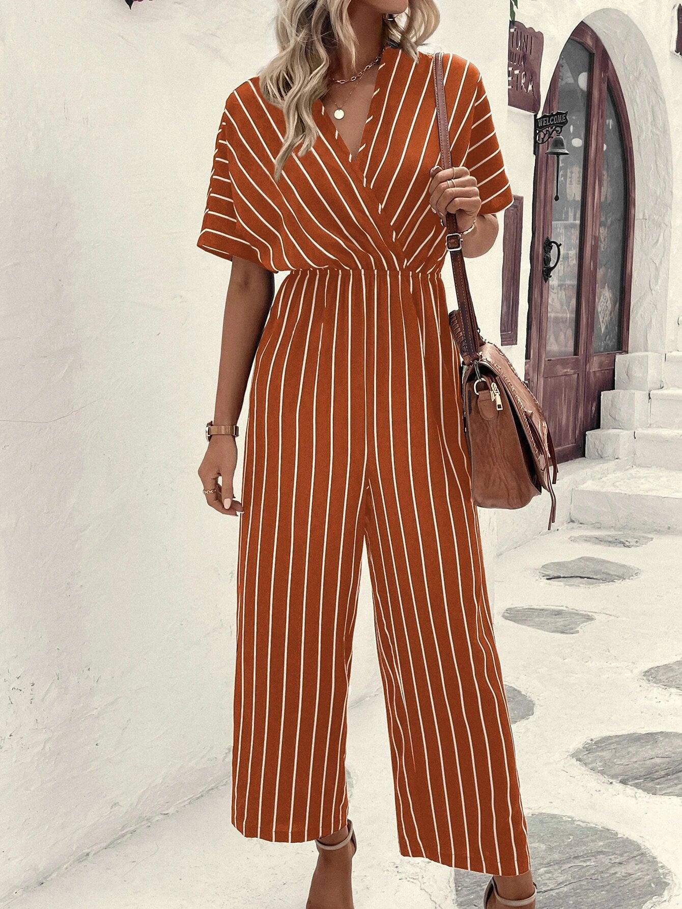 Striped V-Neck Jumpsuit-Comfy Jumpsuits