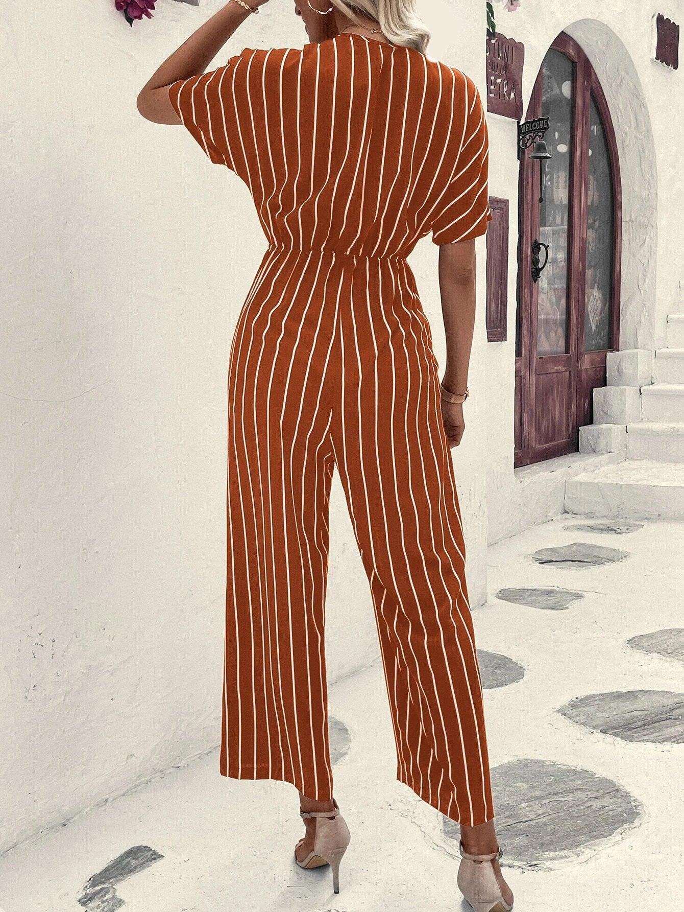 Striped V-Neck Jumpsuit-Comfy Jumpsuits