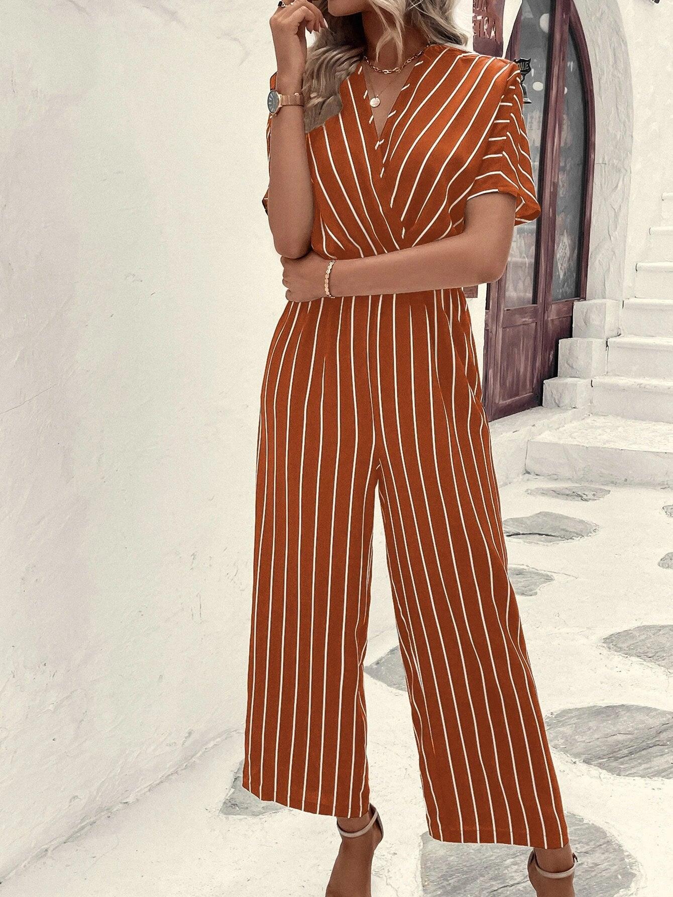 Striped V-Neck Jumpsuit-Comfy Jumpsuits