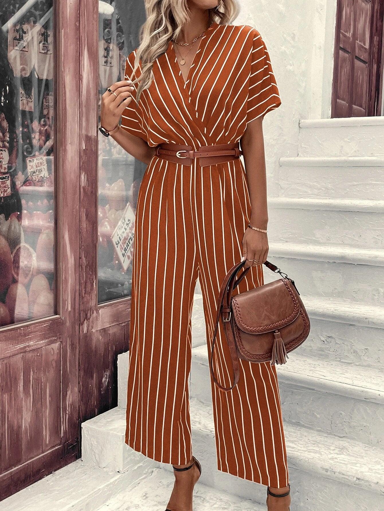 Striped V-Neck Jumpsuit-Comfy Jumpsuits