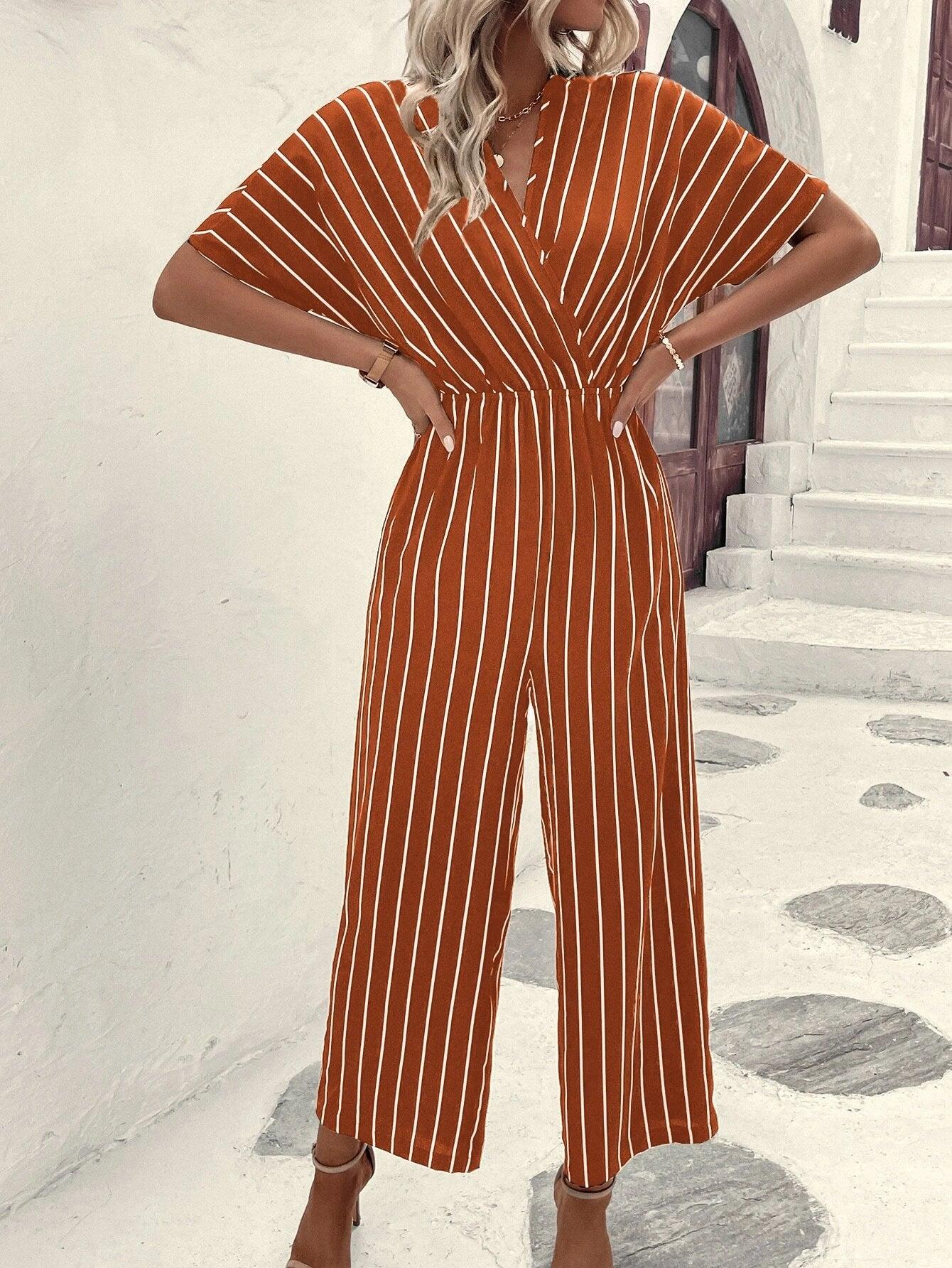 Striped V-Neck Jumpsuit-Comfy Jumpsuits