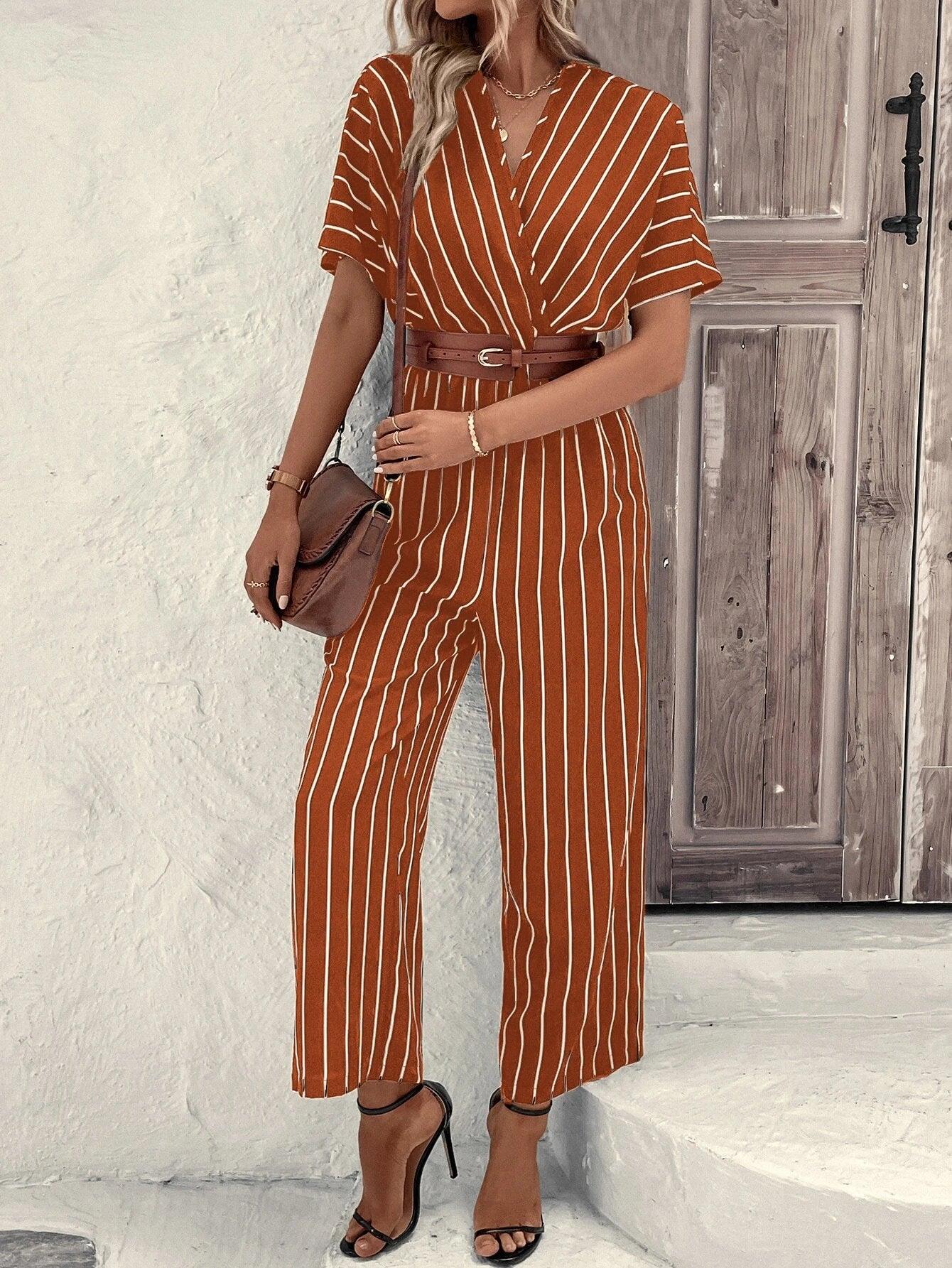 Striped V-Neck Jumpsuit-Comfy Jumpsuits