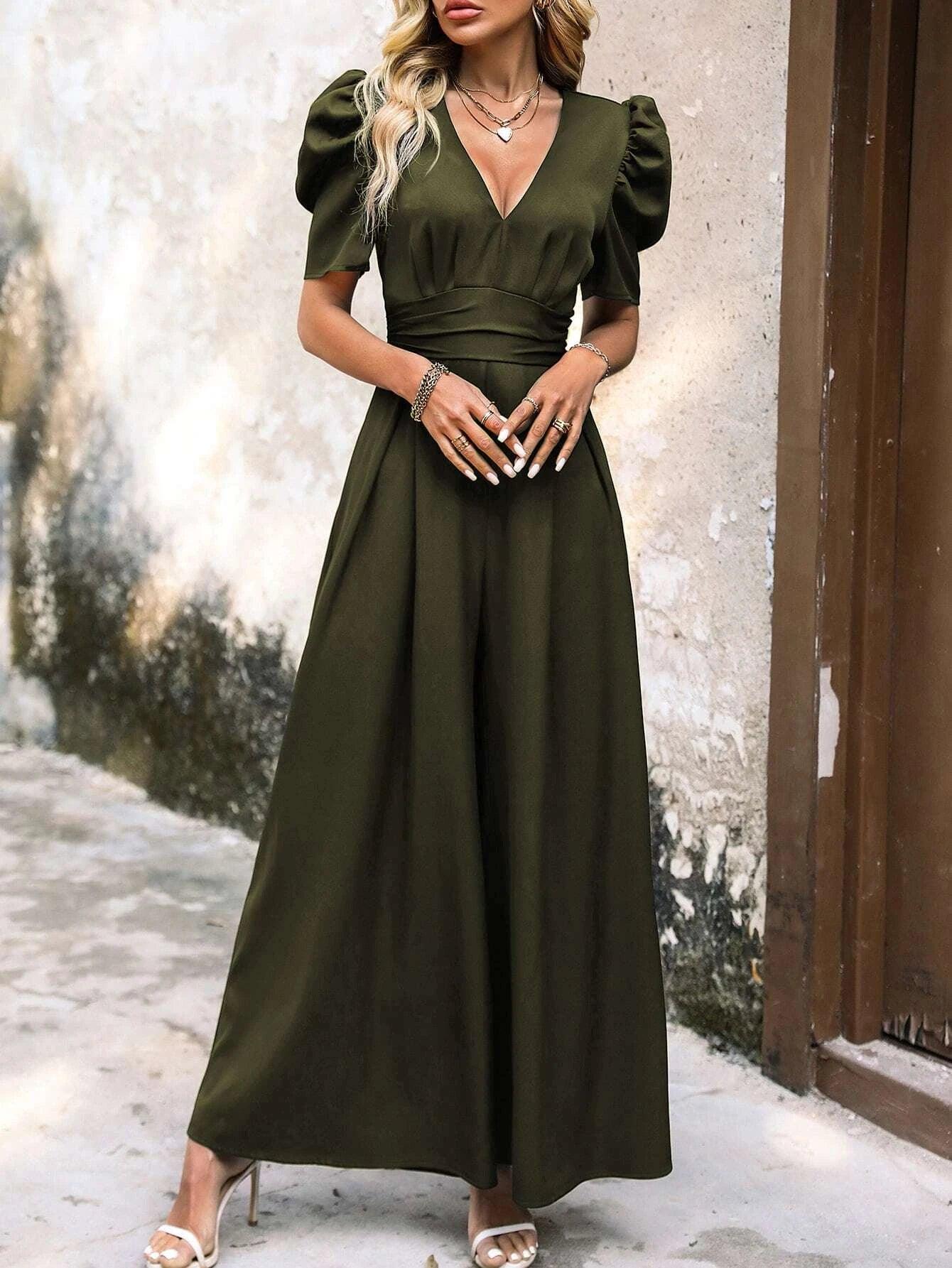 Plunging Neck Jumpsuit-Comfy Jumpsuits