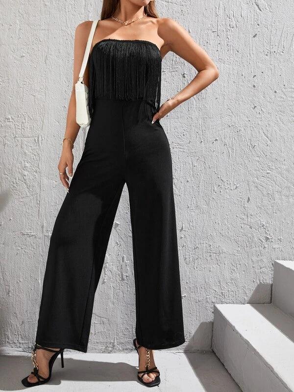 Fringe Trim Tube Elegant Plain Jumpsuit-Comfy Jumpsuits