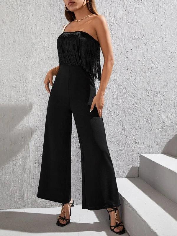 Fringe Trim Tube Elegant Plain Jumpsuit-Comfy Jumpsuits