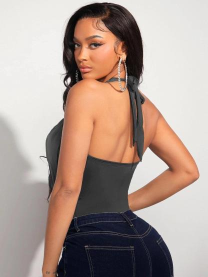 Sleeveless Halter Bodysuit-Comfy Jumpsuits