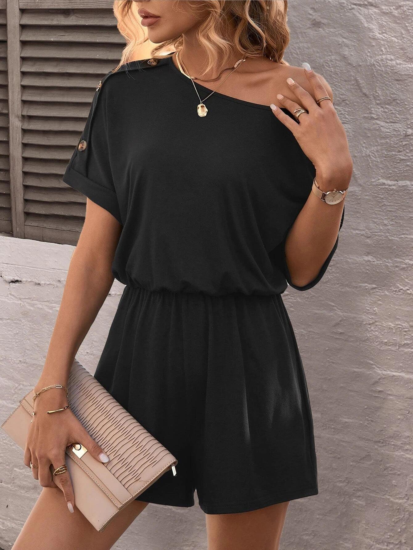 Batwing Sleeve Keyhole Back Tee Romper-Comfy Jumpsuits