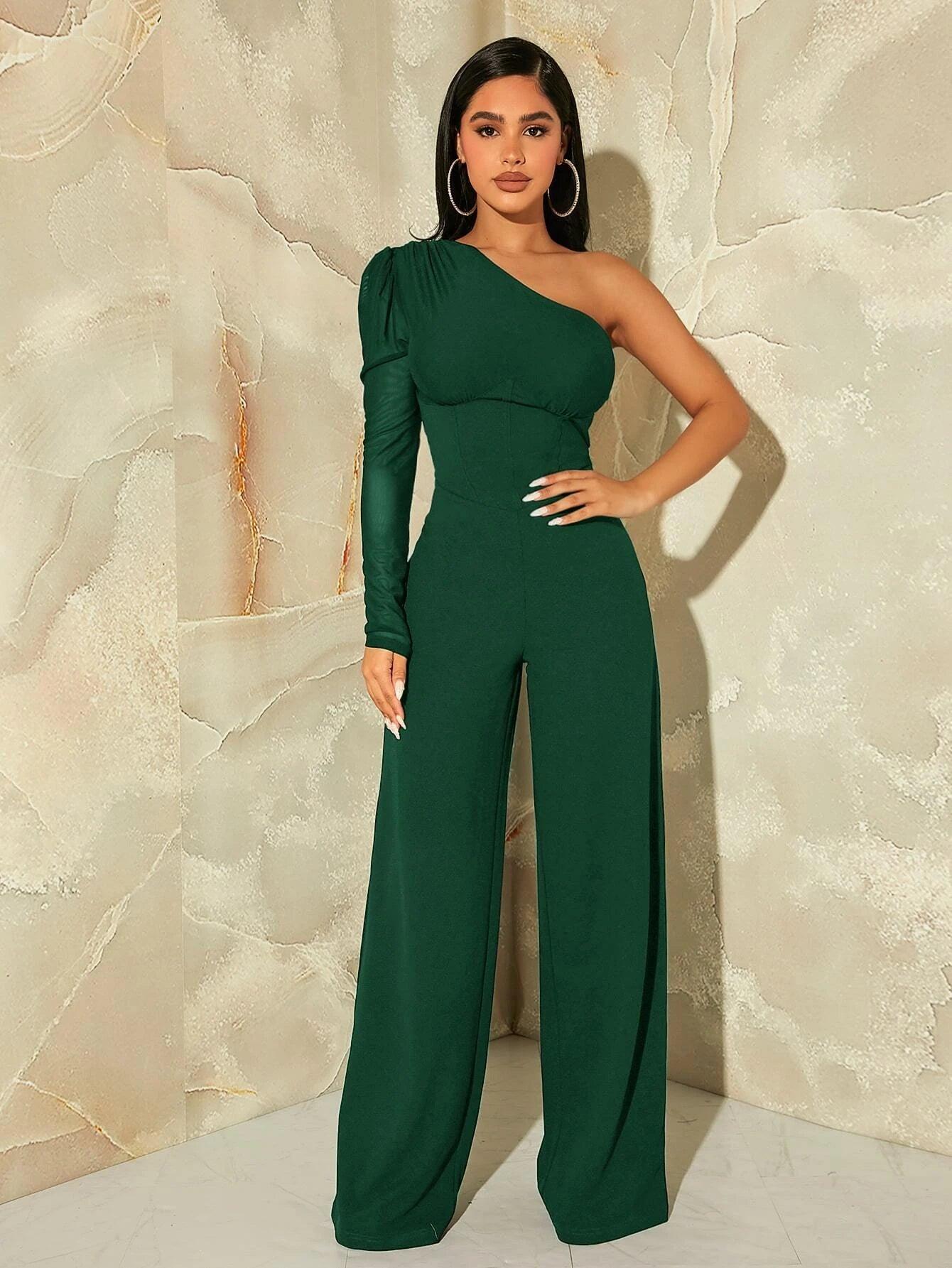 One Shoulder Contrast Mesh Puff Sleeve Jumpsuit-Comfy Jumpsuits
