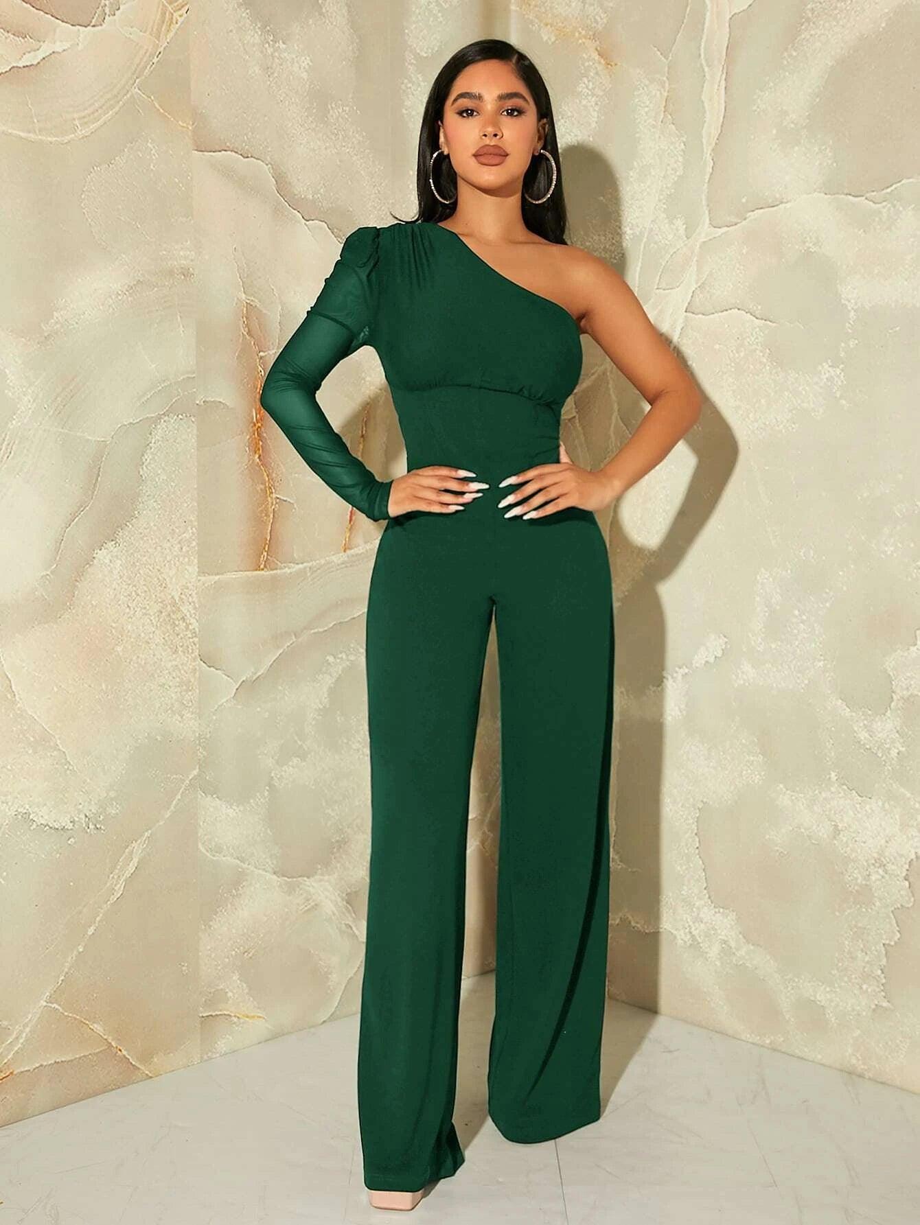 One Shoulder Contrast Mesh Puff Sleeve Jumpsuit-Comfy Jumpsuits