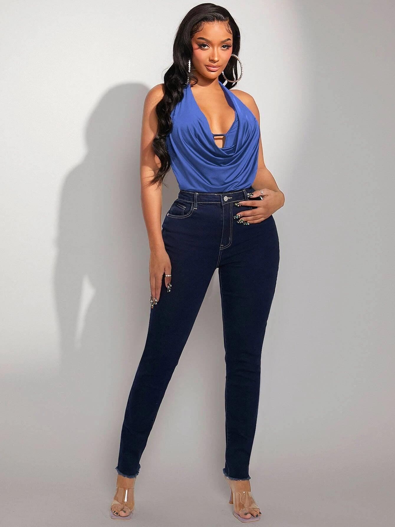 Draped Front Halter Neckline Bodysuit-Comfy Jumpsuits