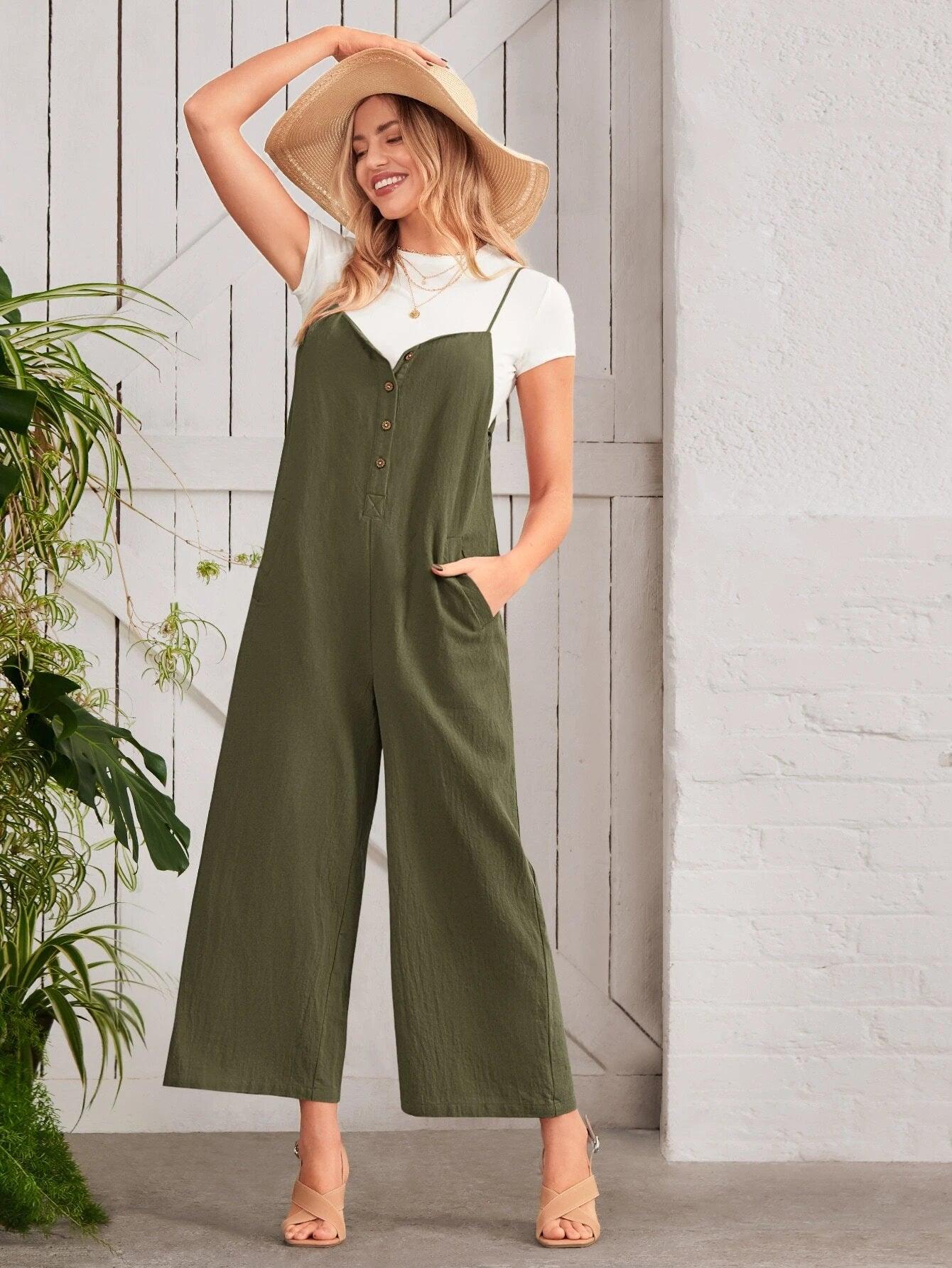Button Front Wide Leg Cami Jumpsuit Without Tee-Comfy Jumpsuits