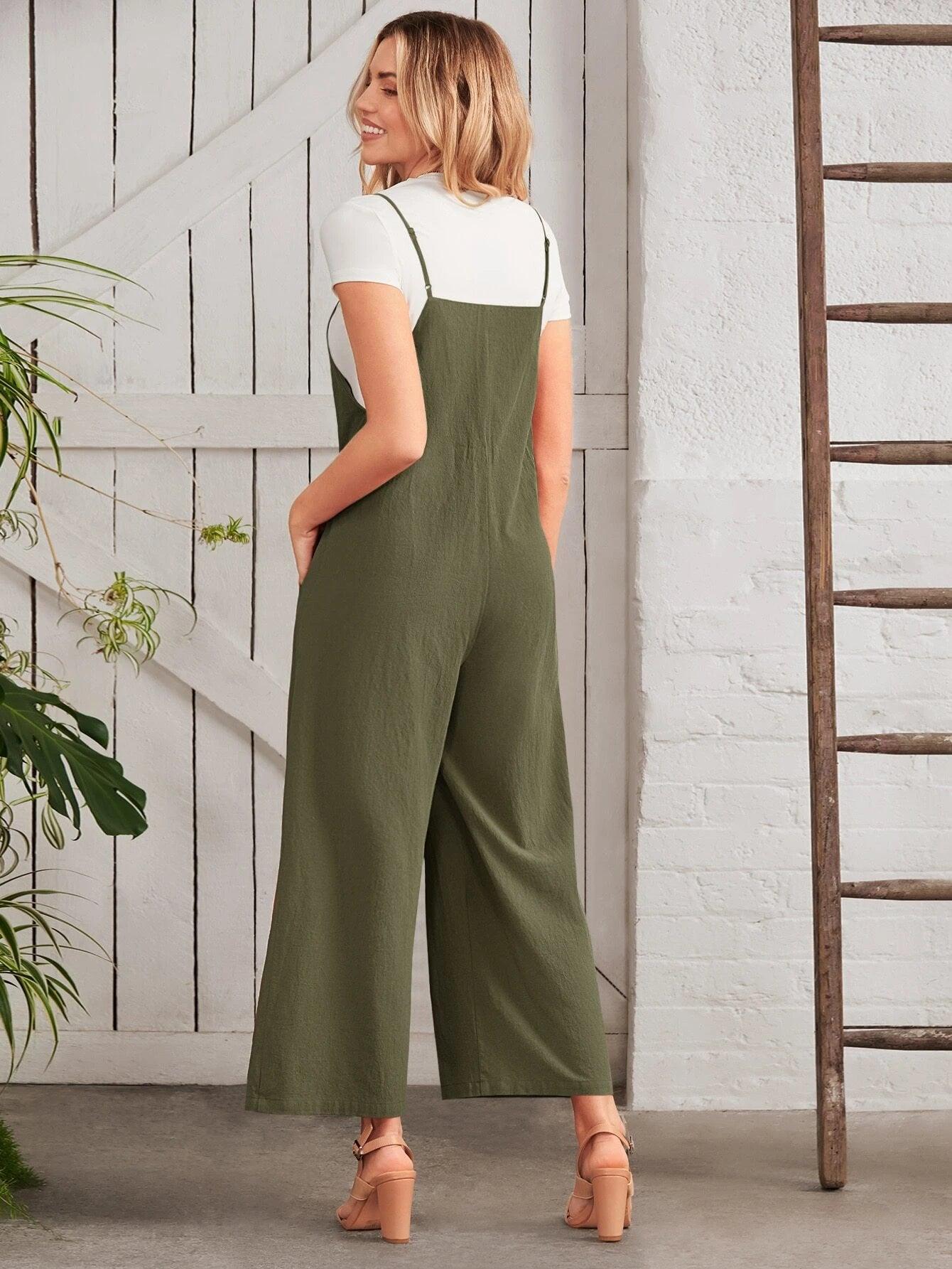 Button Front Wide Leg Cami Jumpsuit Without Tee-Comfy Jumpsuits