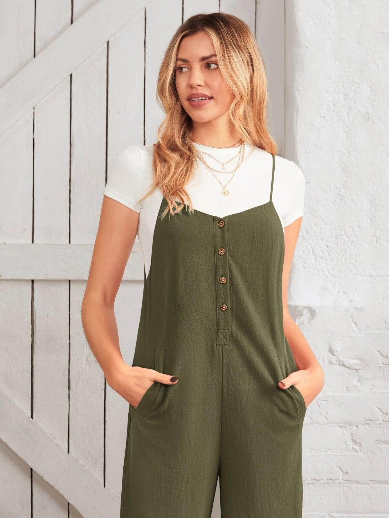 Button Front Wide Leg Cami Jumpsuit Without Tee-Comfy Jumpsuits