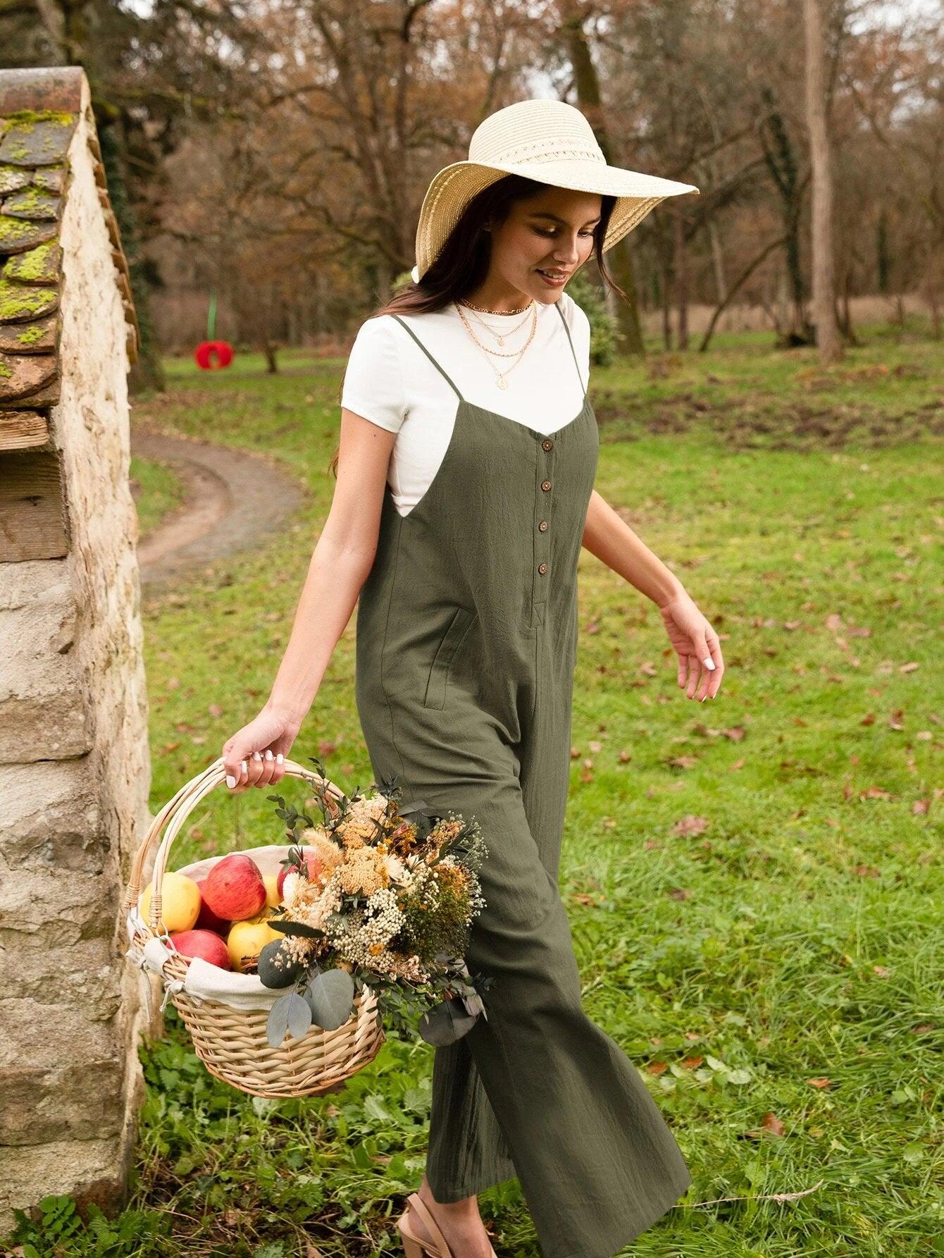 Button Front Wide Leg Cami Jumpsuit Without Tee-Comfy Jumpsuits