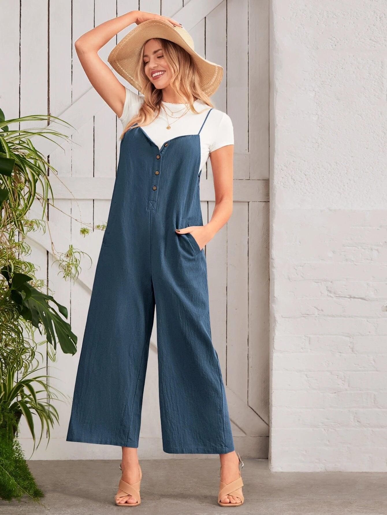 Button Front Wide Leg Cami Jumpsuit Without Tee-Comfy Jumpsuits