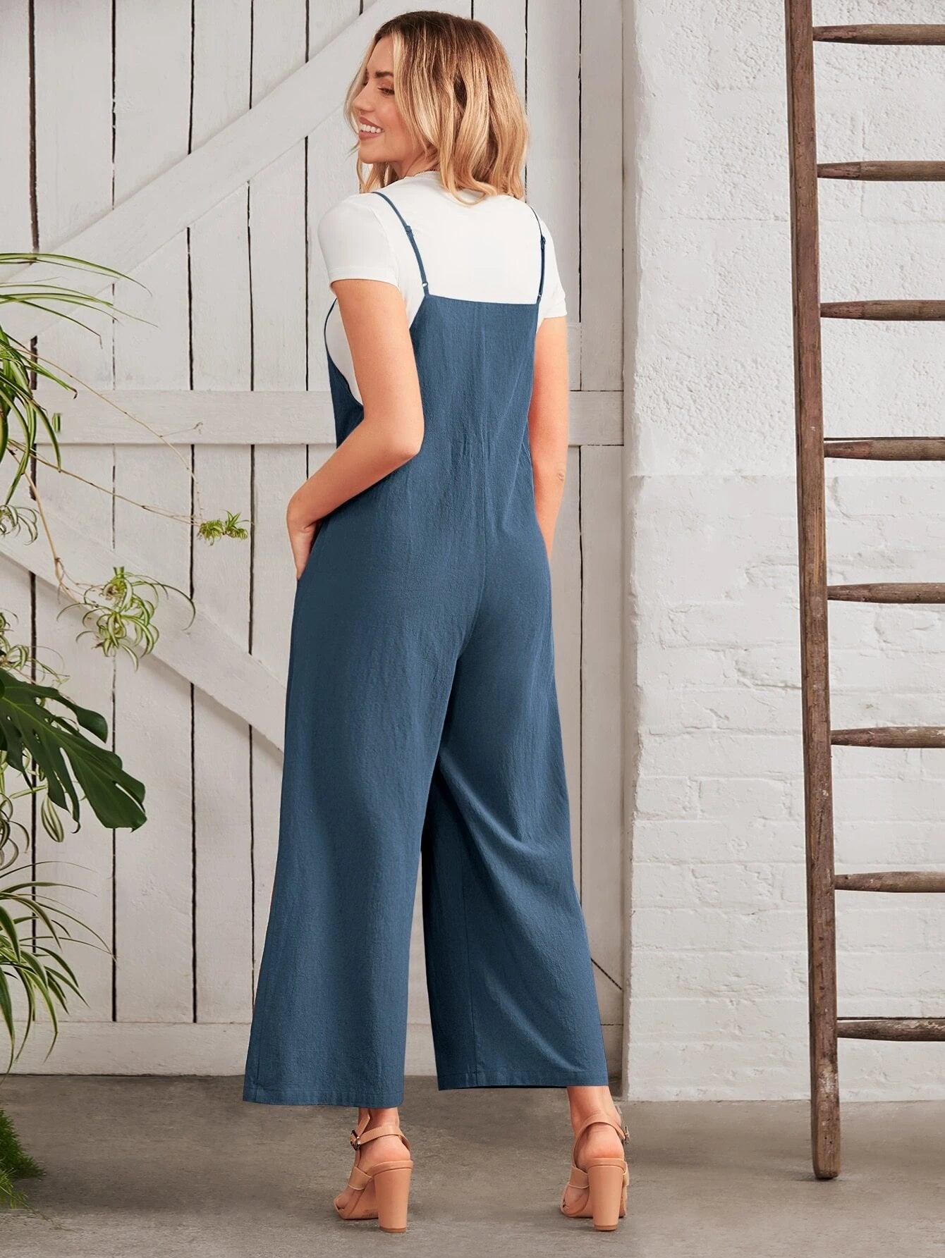 Button Front Wide Leg Cami Jumpsuit Without Tee-Comfy Jumpsuits