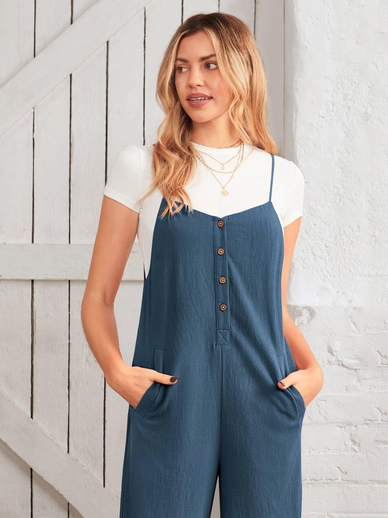 Button Front Wide Leg Cami Jumpsuit Without Tee-Comfy Jumpsuits