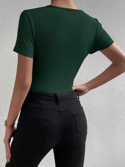 Solid Ribbed Knit Bodysuits-Comfy Jumpsuits