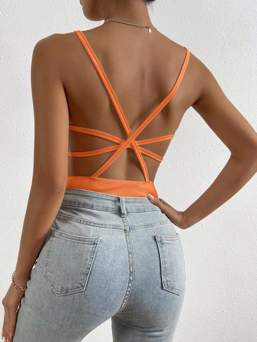 Crisscross Backless Cami Bodysuit-Comfy Jumpsuits