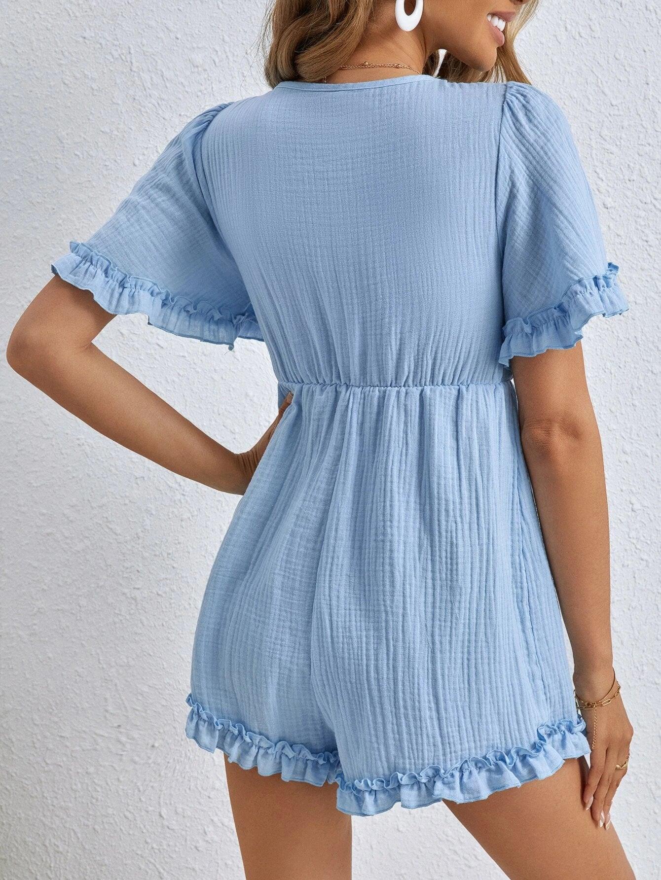 Deep V Neck Flounce Sleeve Romper-Comfy Jumpsuits