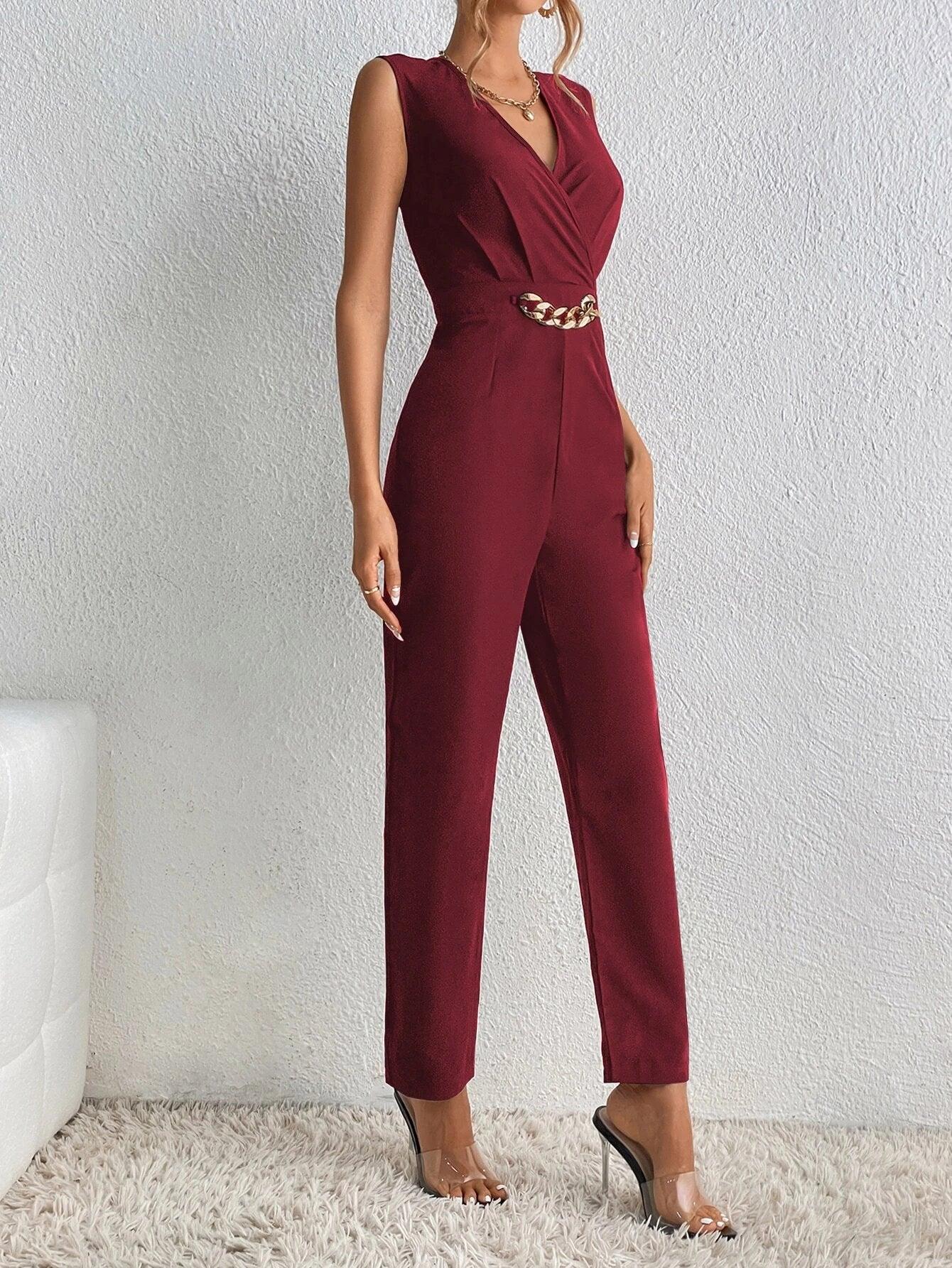 Chain Detail Surplice Neck Jumpsuit-Comfy Jumpsuits