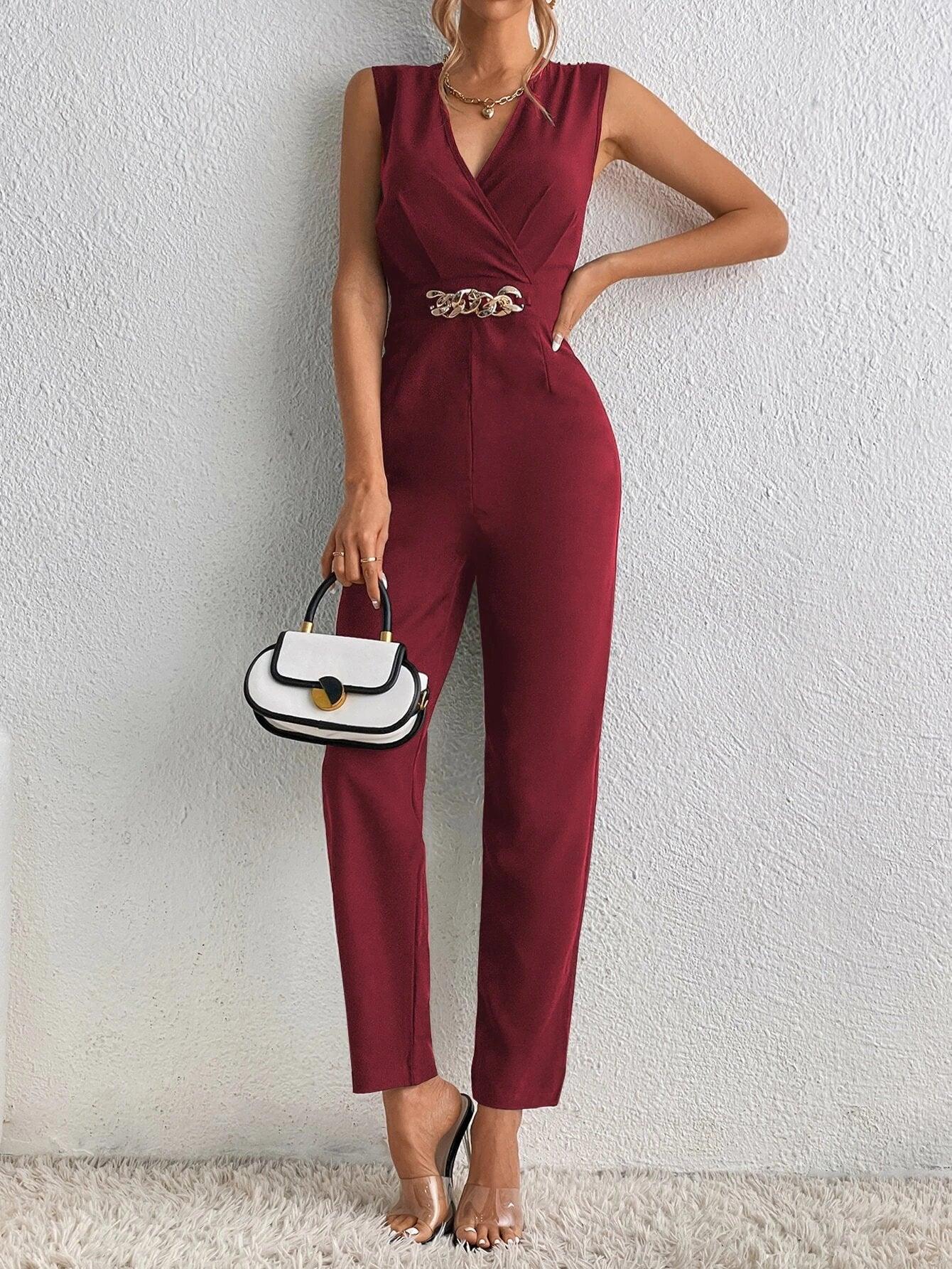 Chain Detail Surplice Neck Jumpsuit-Comfy Jumpsuits