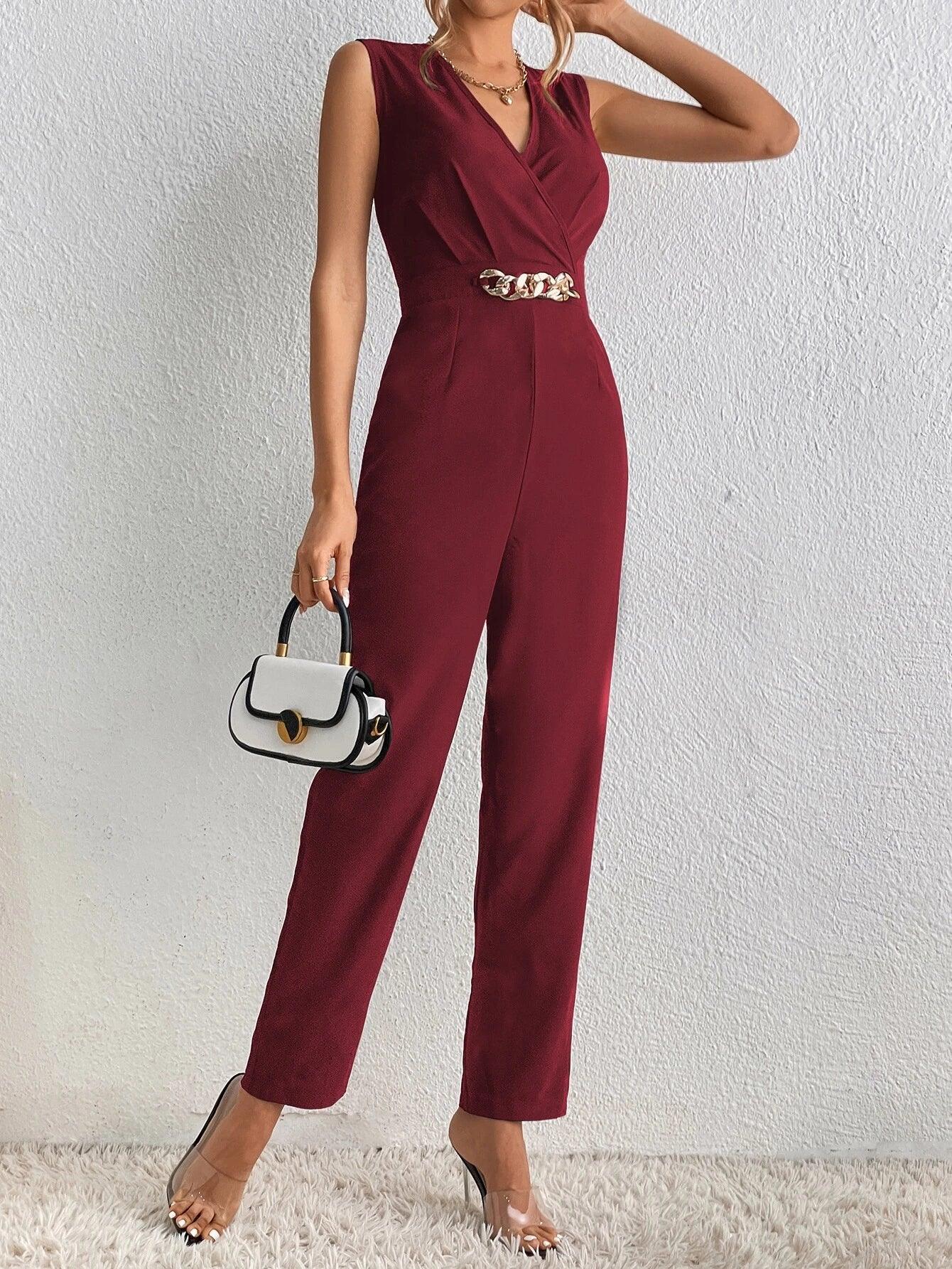 Chain Detail Surplice Neck Jumpsuit-Comfy Jumpsuits