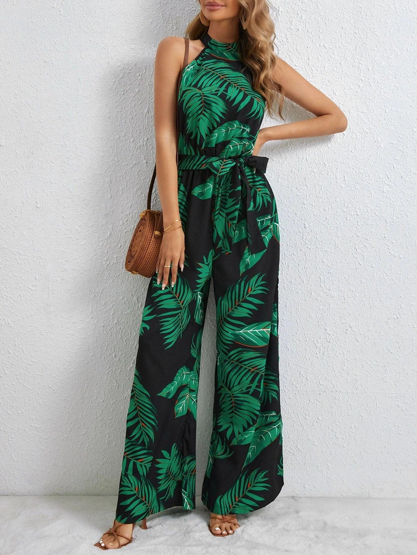 Long Tropical Print Belted Jumpsuit-Comfy Jumpsuits