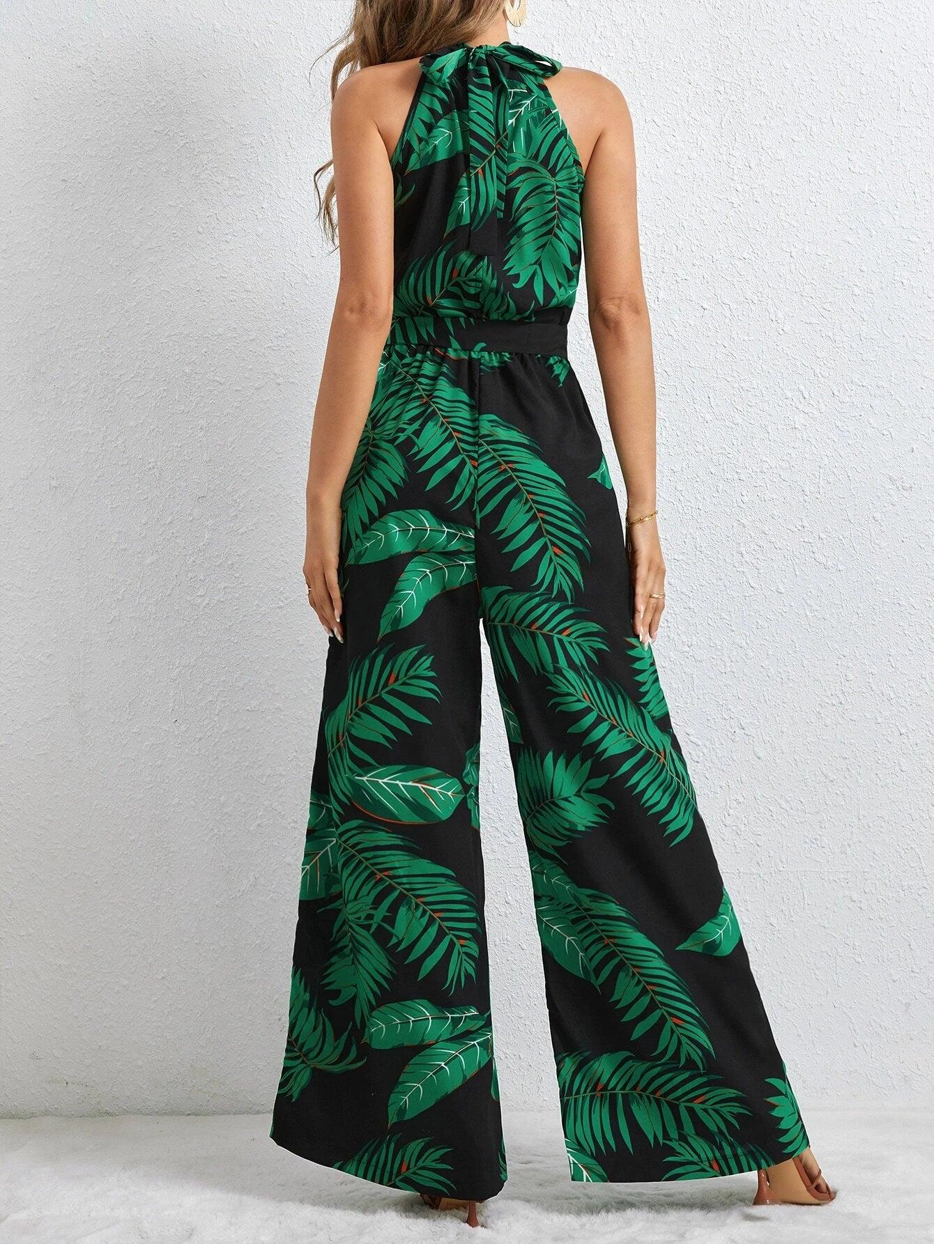 Long Tropical Print Belted Jumpsuit-Comfy Jumpsuits