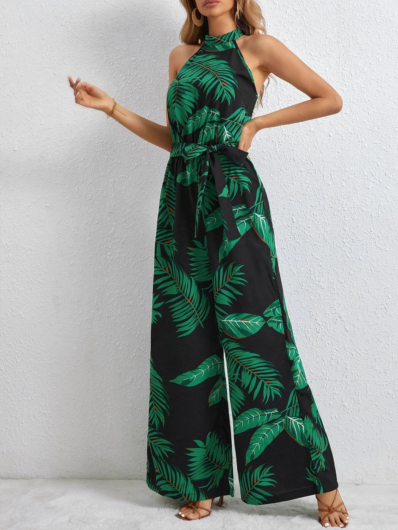Long Tropical Print Belted Jumpsuit-Comfy Jumpsuits